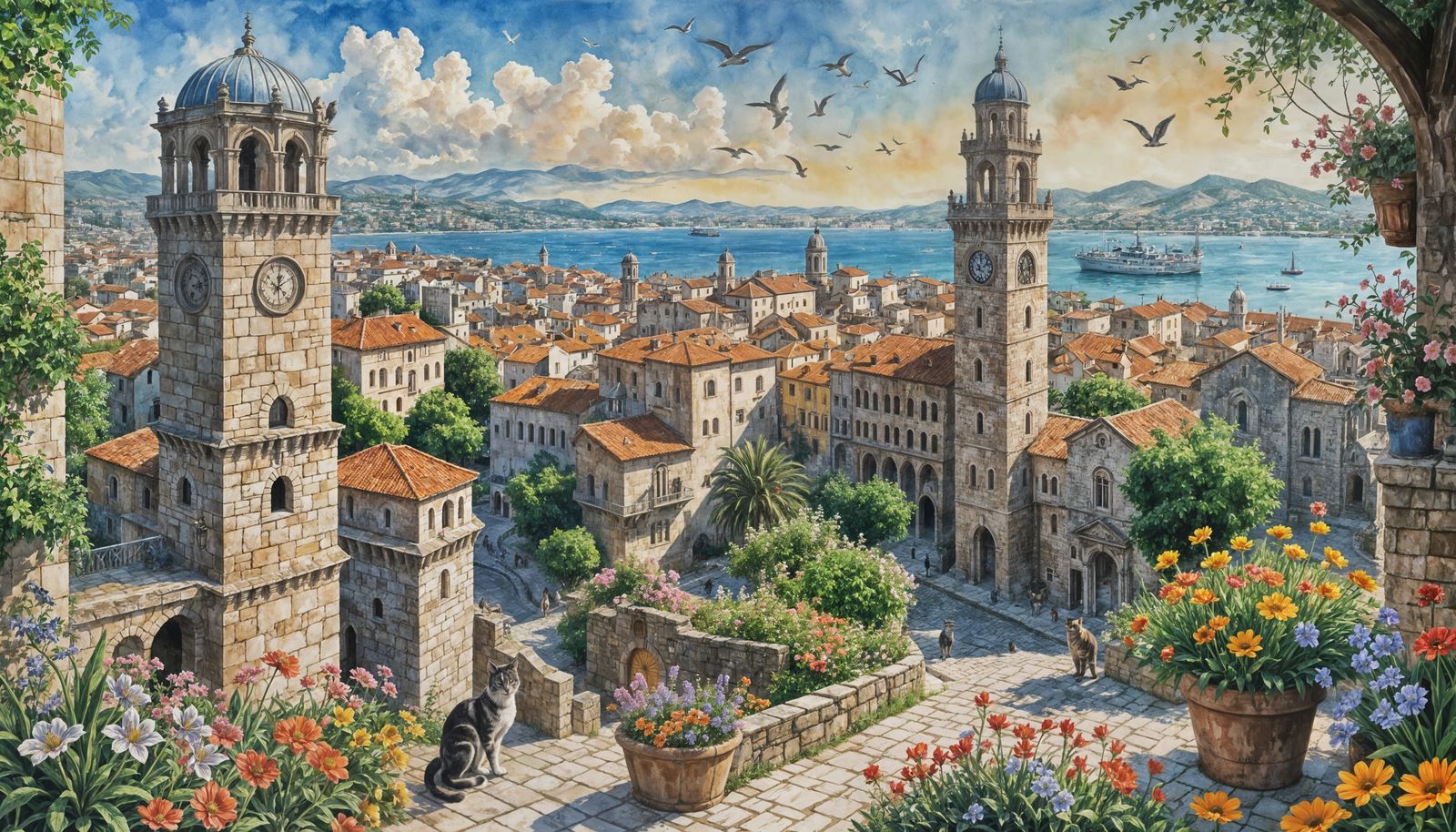 Picturesque Izmir Landscape in Watercolor Style