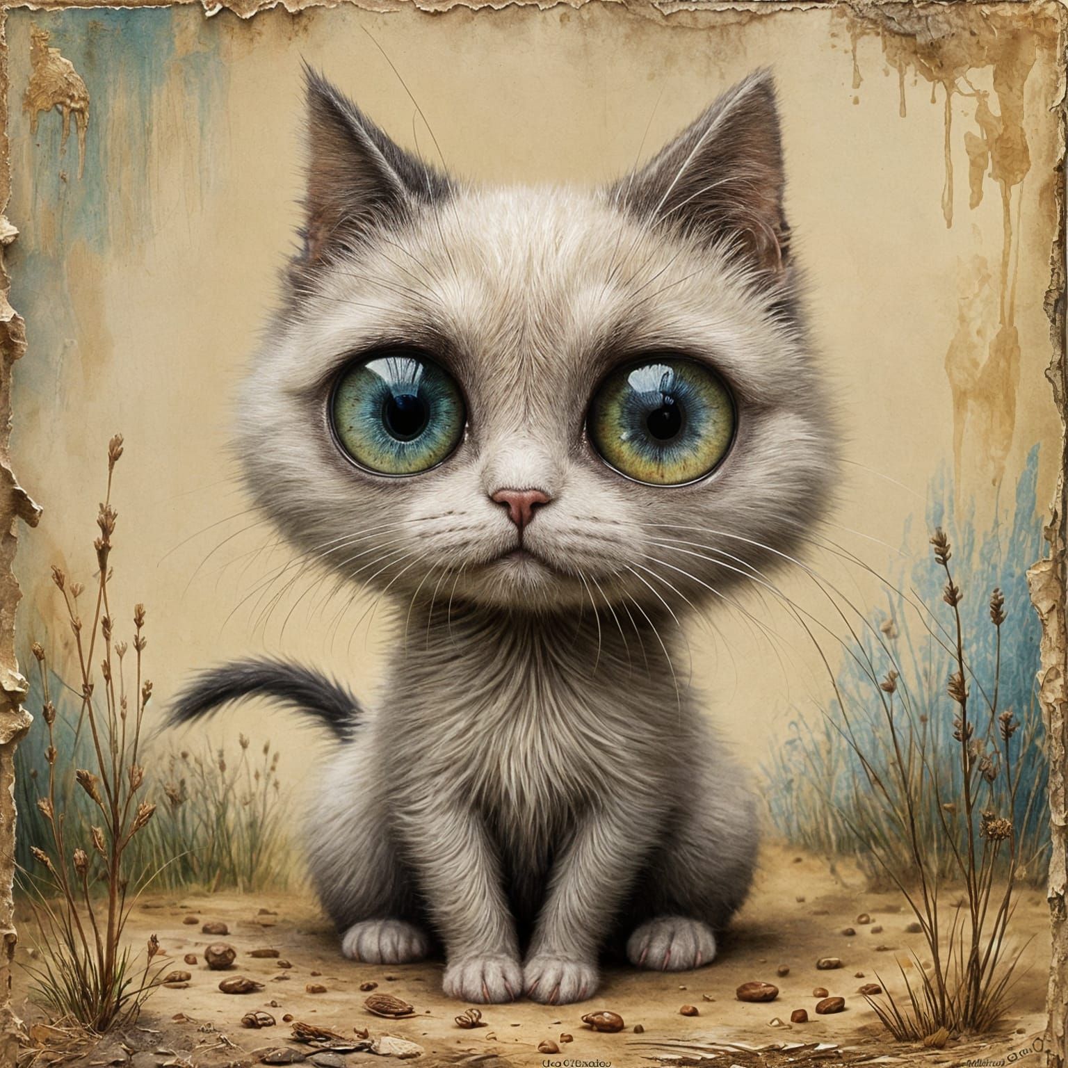 Cute Cat with Big Eyes in Collage Style