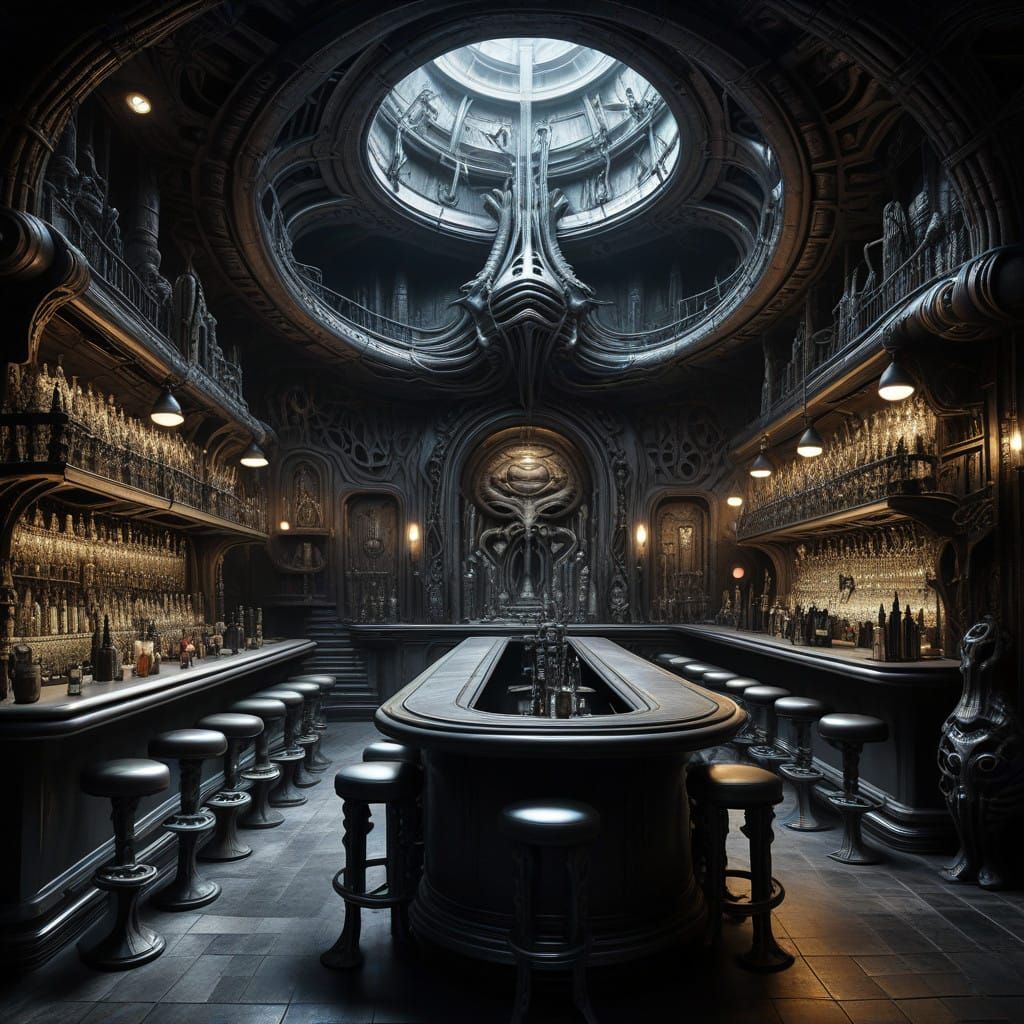 Surreal, Dark Bar Interior in Gigeresque Style