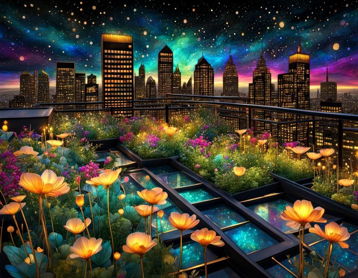 Magical Rooftop Garden with Sparkling Flowers