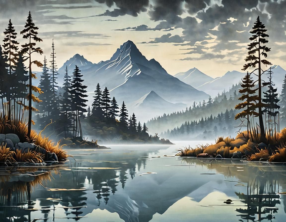 Foggy Lake Reflections in Oil Painting Style
