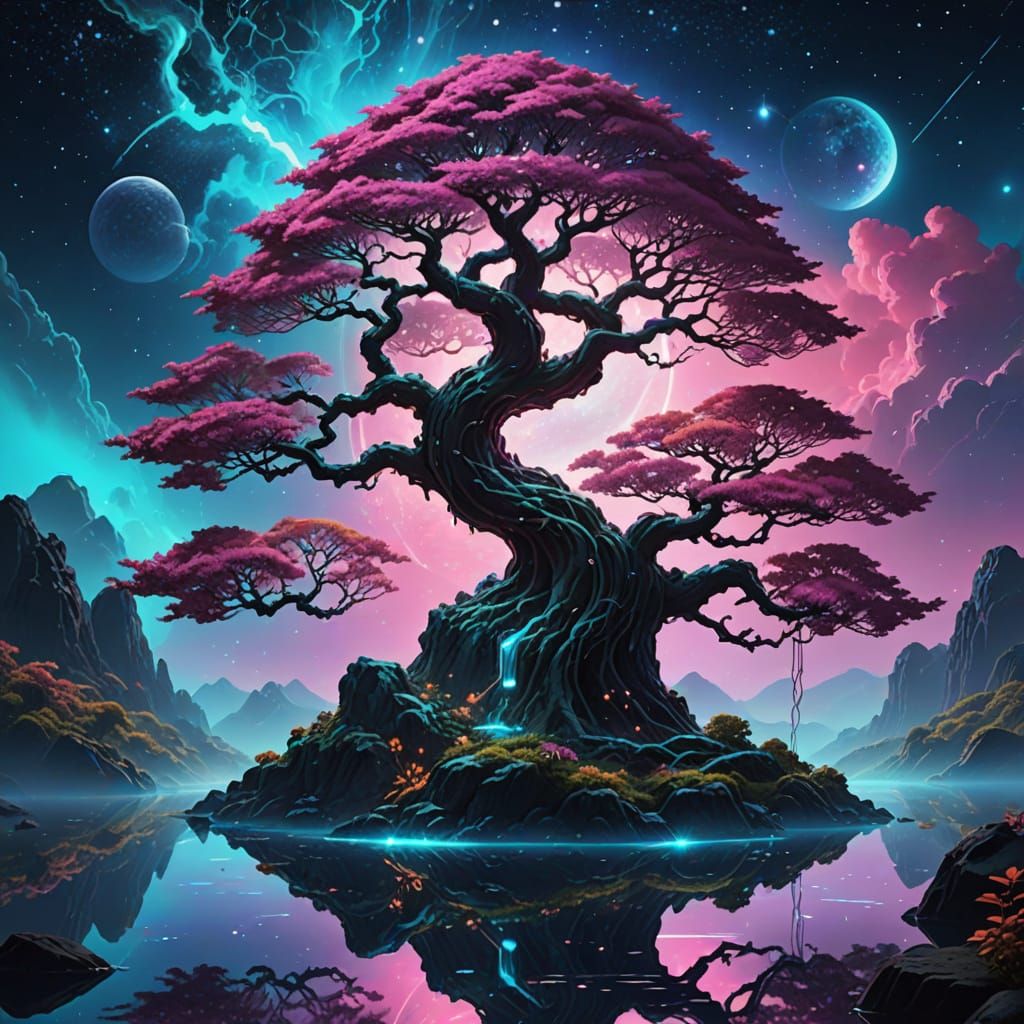 Neon Fantasy Bonsai Tree on Floating Island