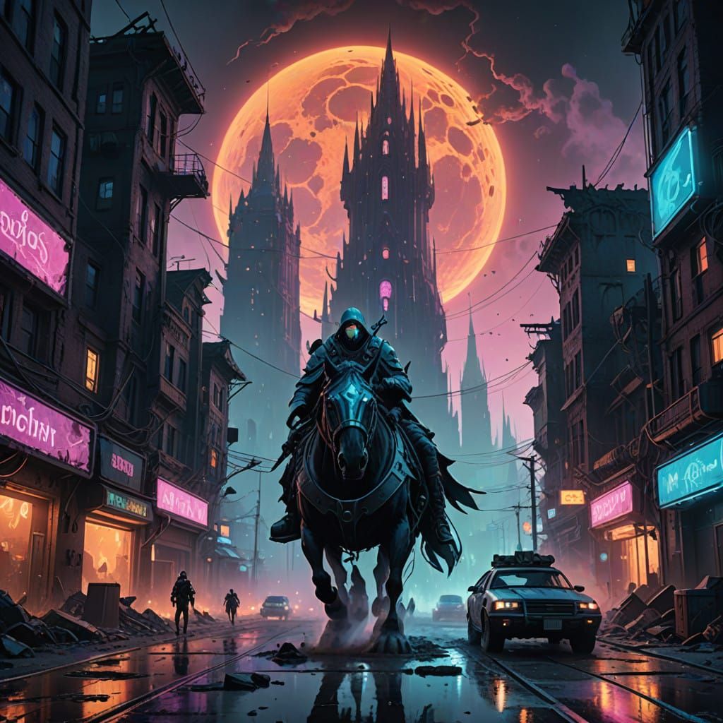 Ethereal Ghost Riders Charge Through a Ruined Cityscape in N...