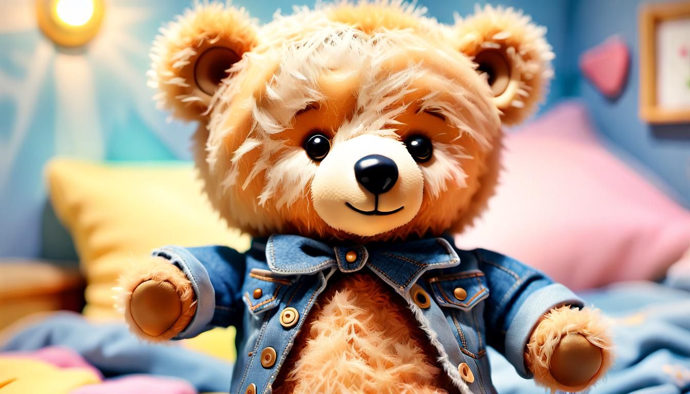 Teddy Bear Dances in Bedroom: Bob Ross-Inspired Digital Art