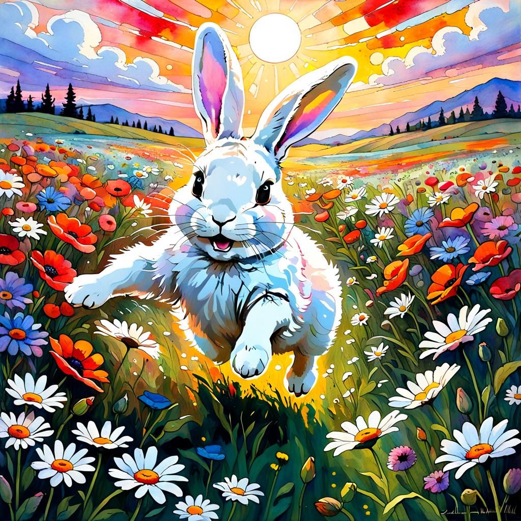 Joyful Rabbit Hopping in Floral Meadow