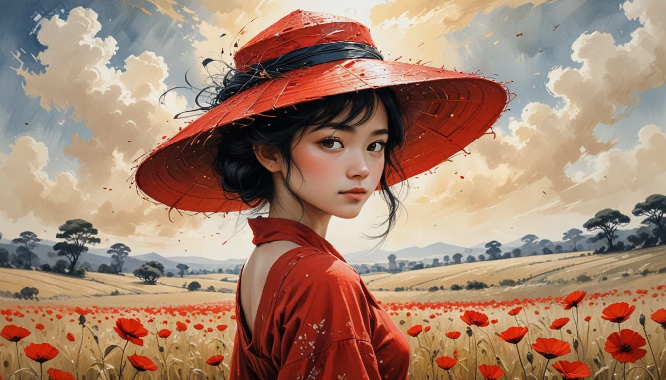 Blonde Woman in Poppy Field Painting with Ethereal Style