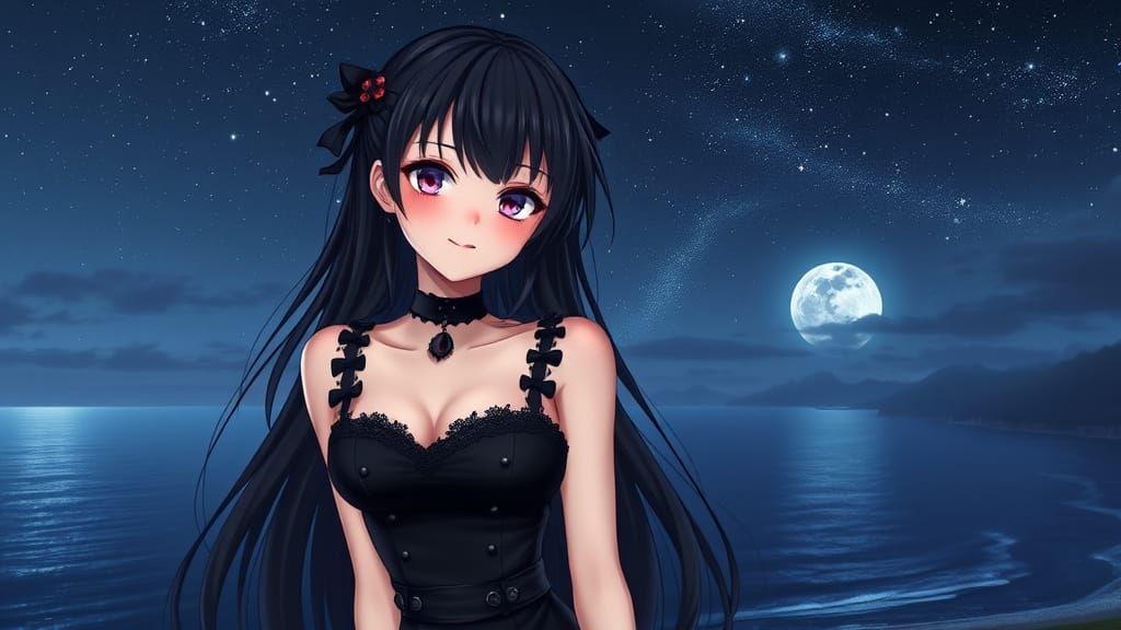 Gothic Anime Pin-Up Girl Under the Starry Night Sky