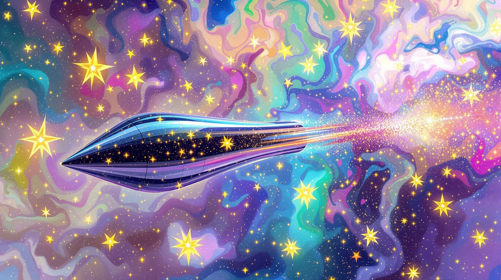 Sleek Spaceship Drifts Through Psychedelic Nebula