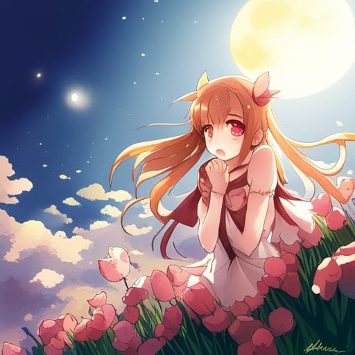 Anime Style Moonlit Spring Flower Sky