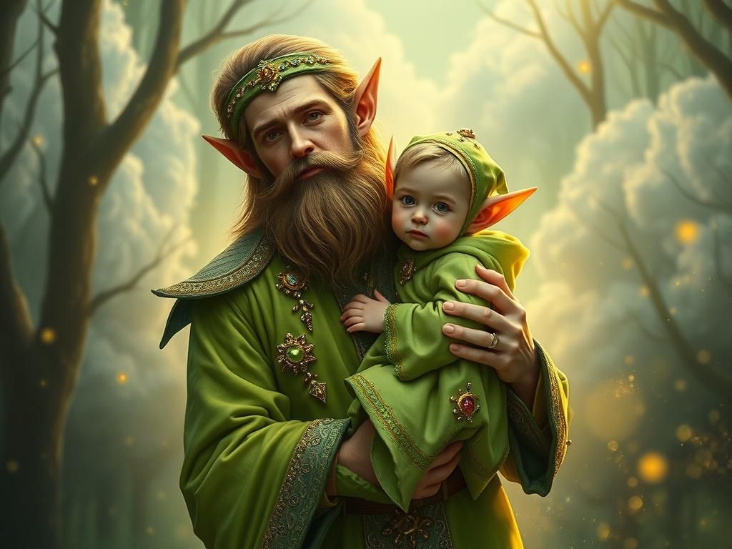 Elf Father and Son in Magical Forest