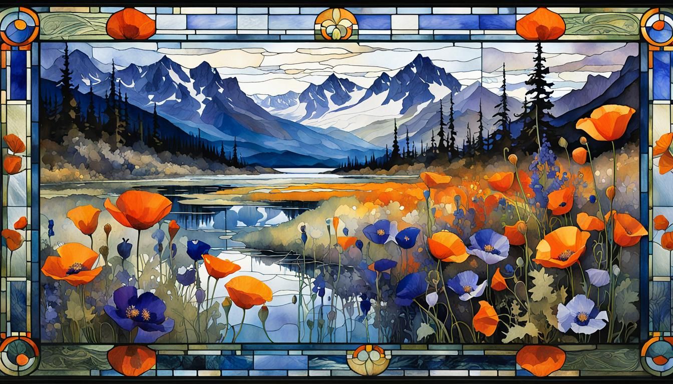 Alaska Poppies and Monkshood in Art Brut Style