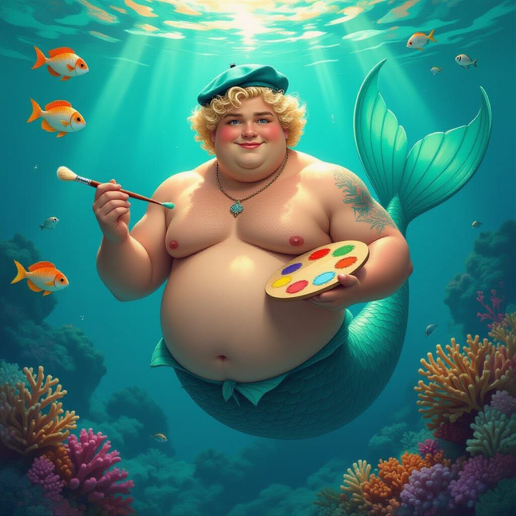 Merman Artist Emerges from Bioluminescent Coral Depths