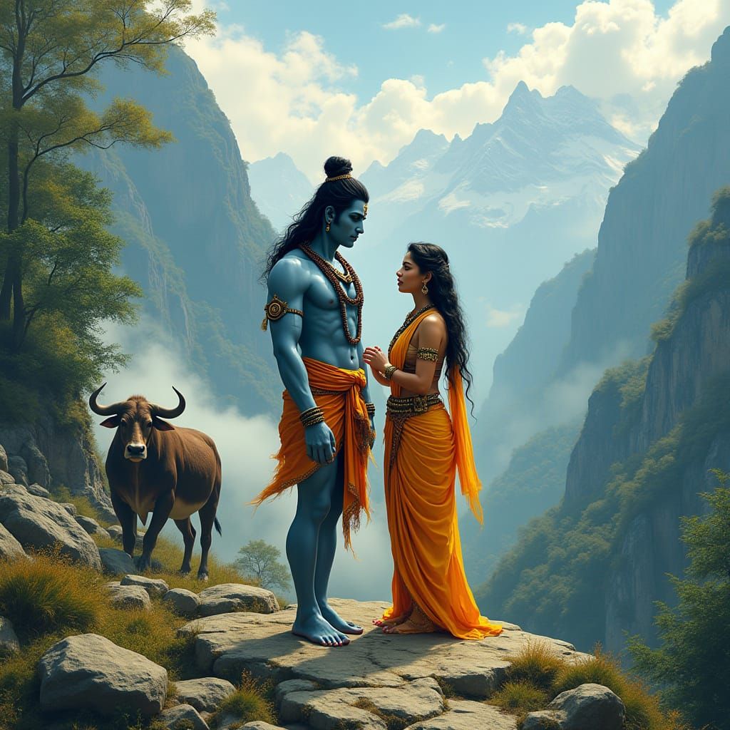 Lord Shiva and Goddess Parvati in Ethereal Himalayan Splendo...