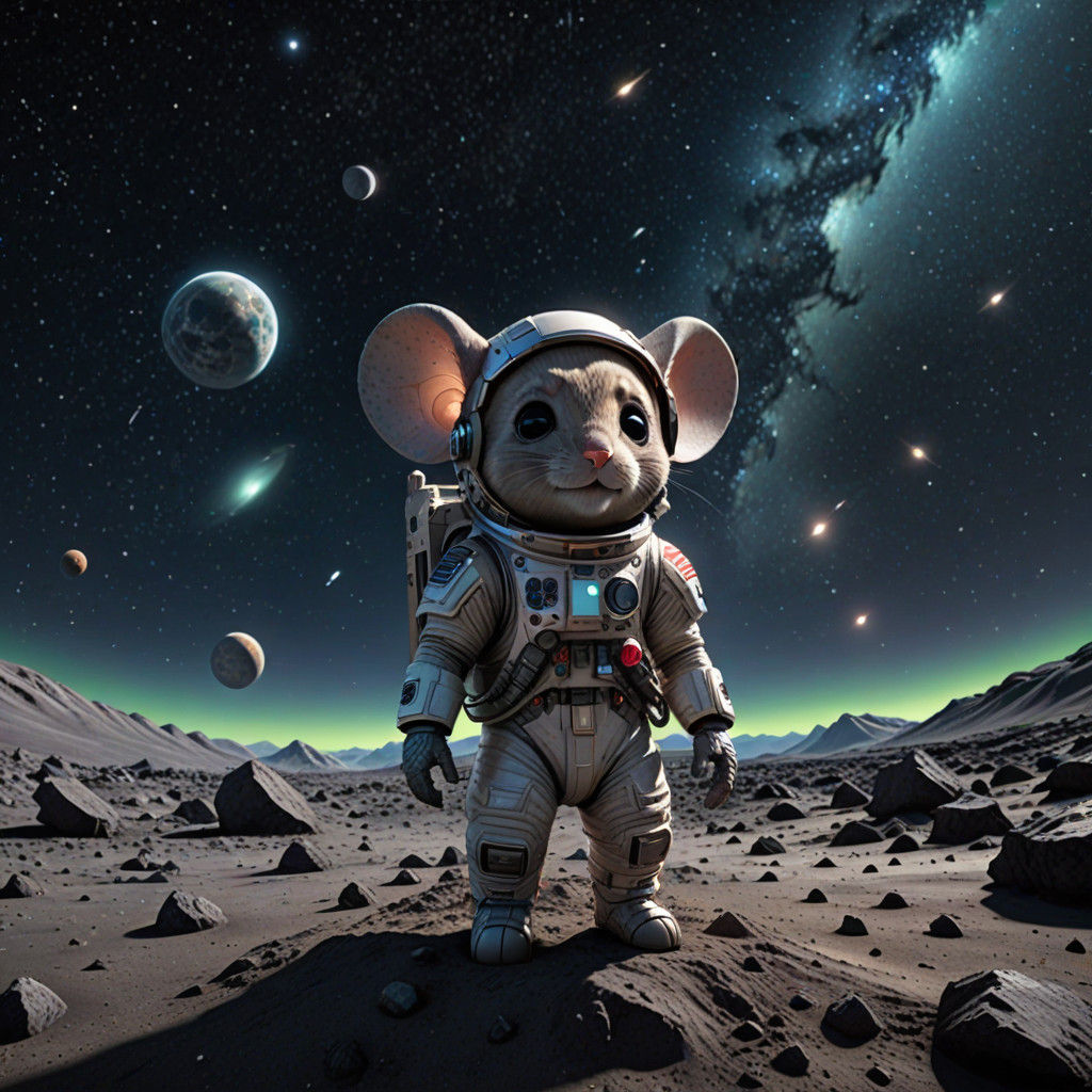 Hyper Realistic Chibi Super Mouse Explores Lunar Surface wit...