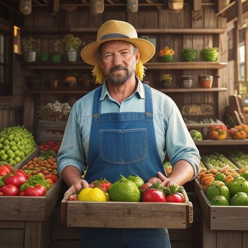 Hyperrealistic Farmer at Colorful Produce Stand