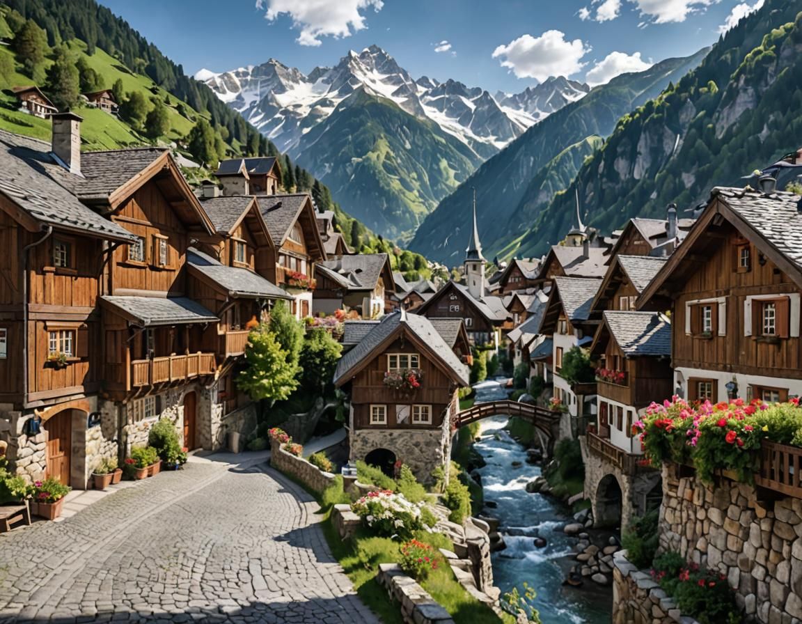 Picturesque Alpine Village Scene