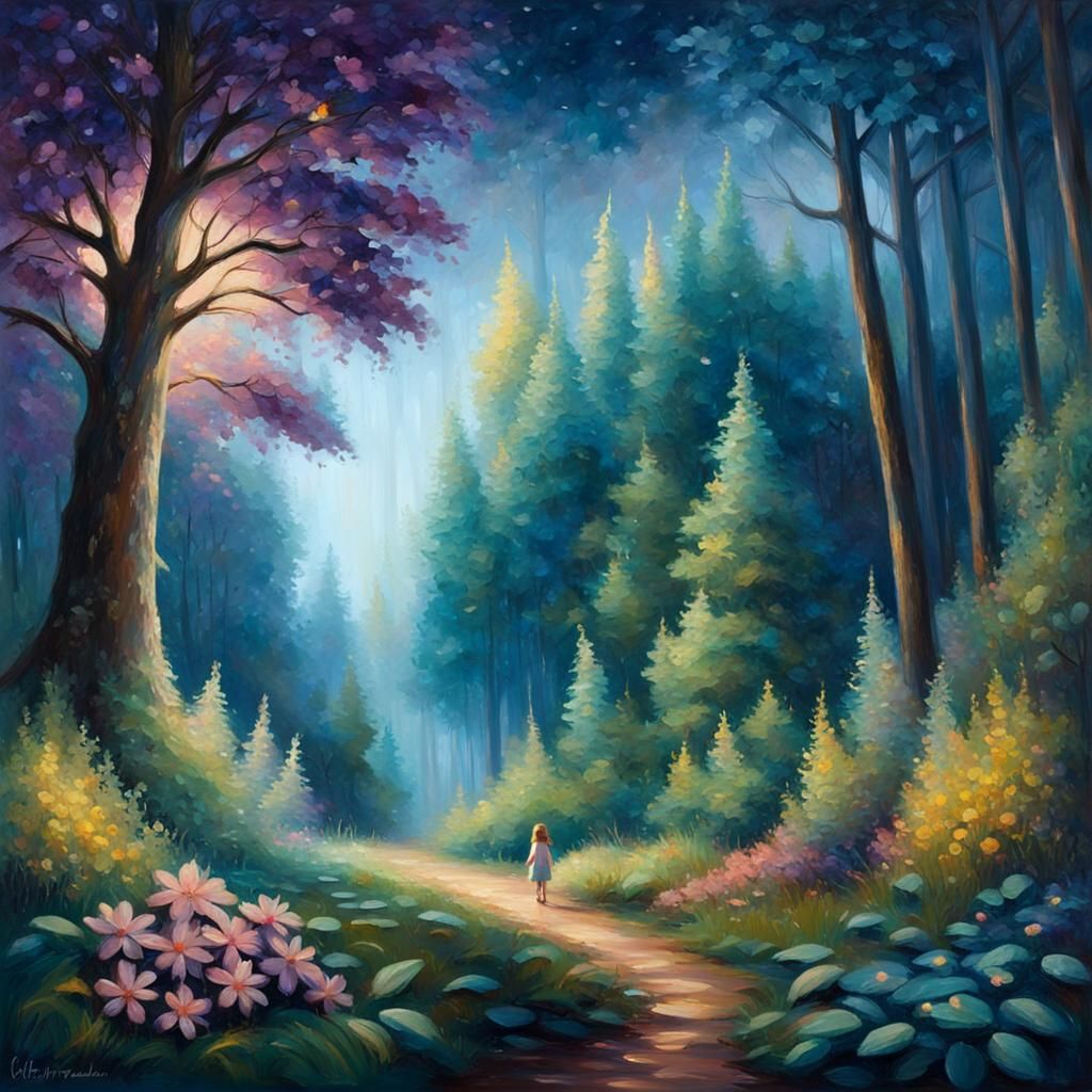 Girl in Forest: Impressionist Oil Painting