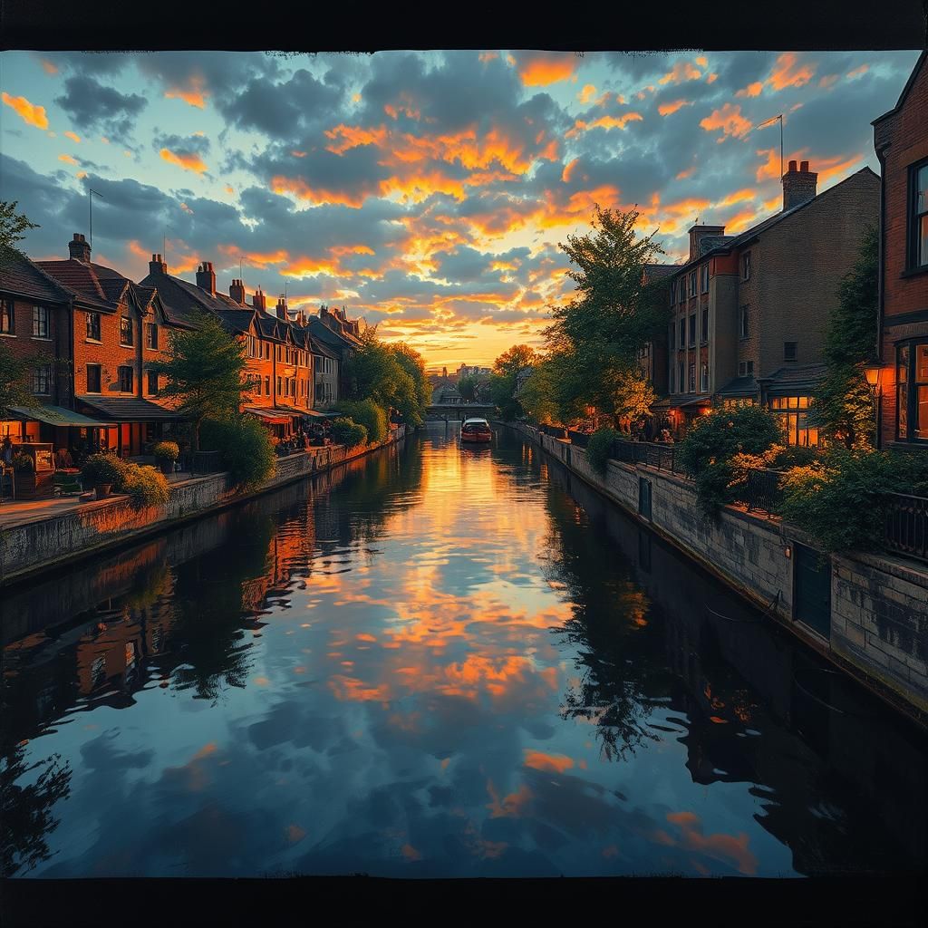 Lancashire Canal at Sunset: Romantic Realism Painting