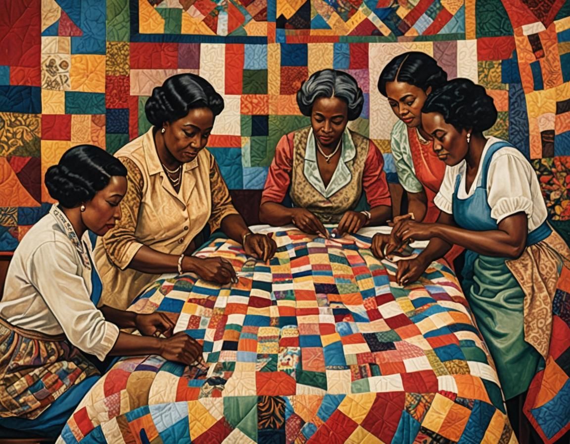 African-American Women Hand Stitching a Patchwork Quilt