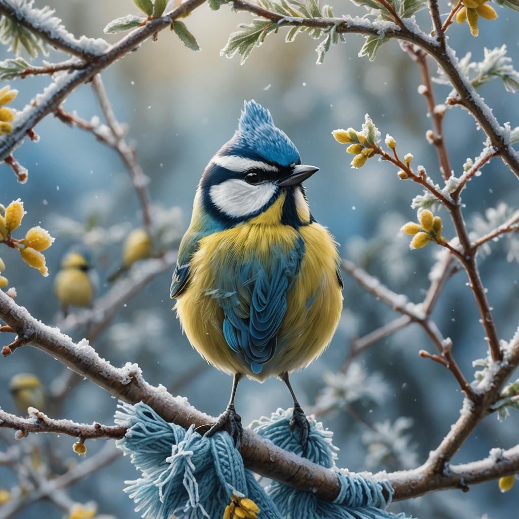 Blue Tit in Winter Concept Art Portrait