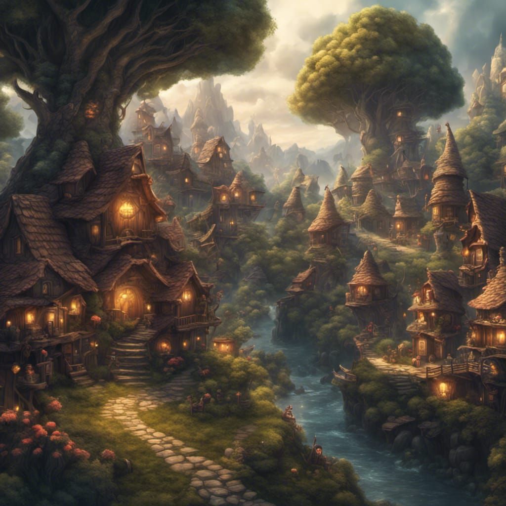 Fantasy Gnome Tree Village: Digital Matte Painting
