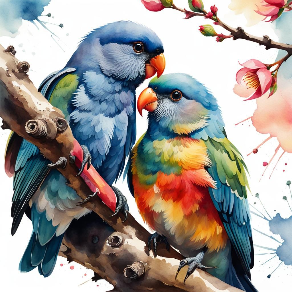 Love Birds Kissing: Watercolor Illustration