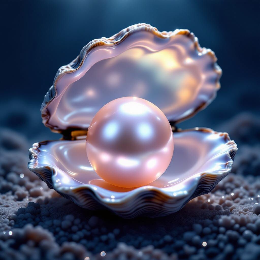 Luminous Pink Pearl in Oyster Shell, Hyperrealistic Style