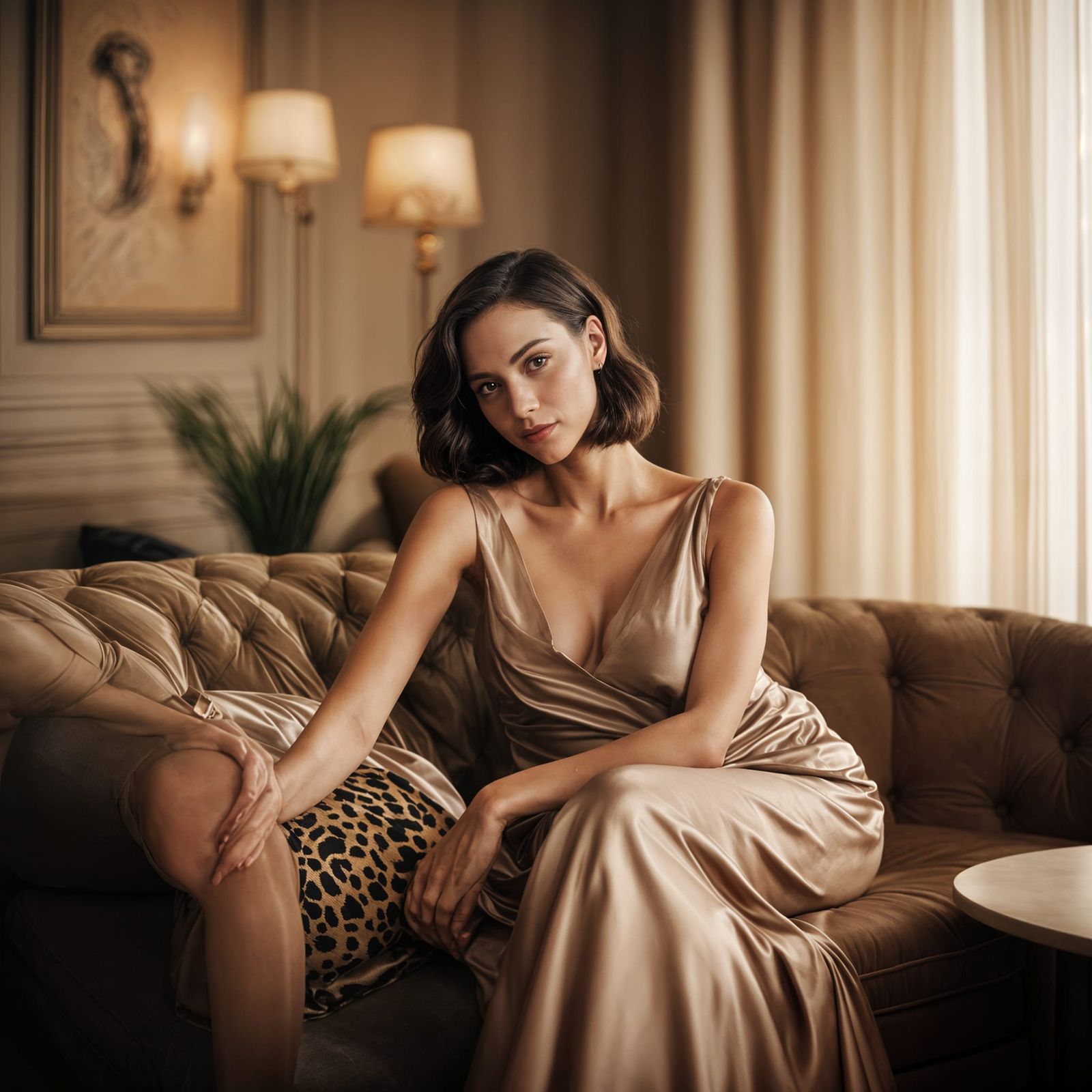Elegant Woman Relaxing on a Striped Sofa