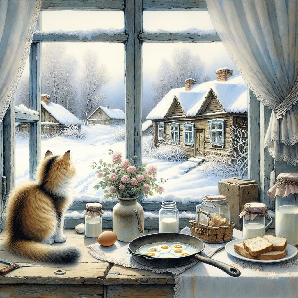 Winter Village Scene with Kitten, Watercolor Style
