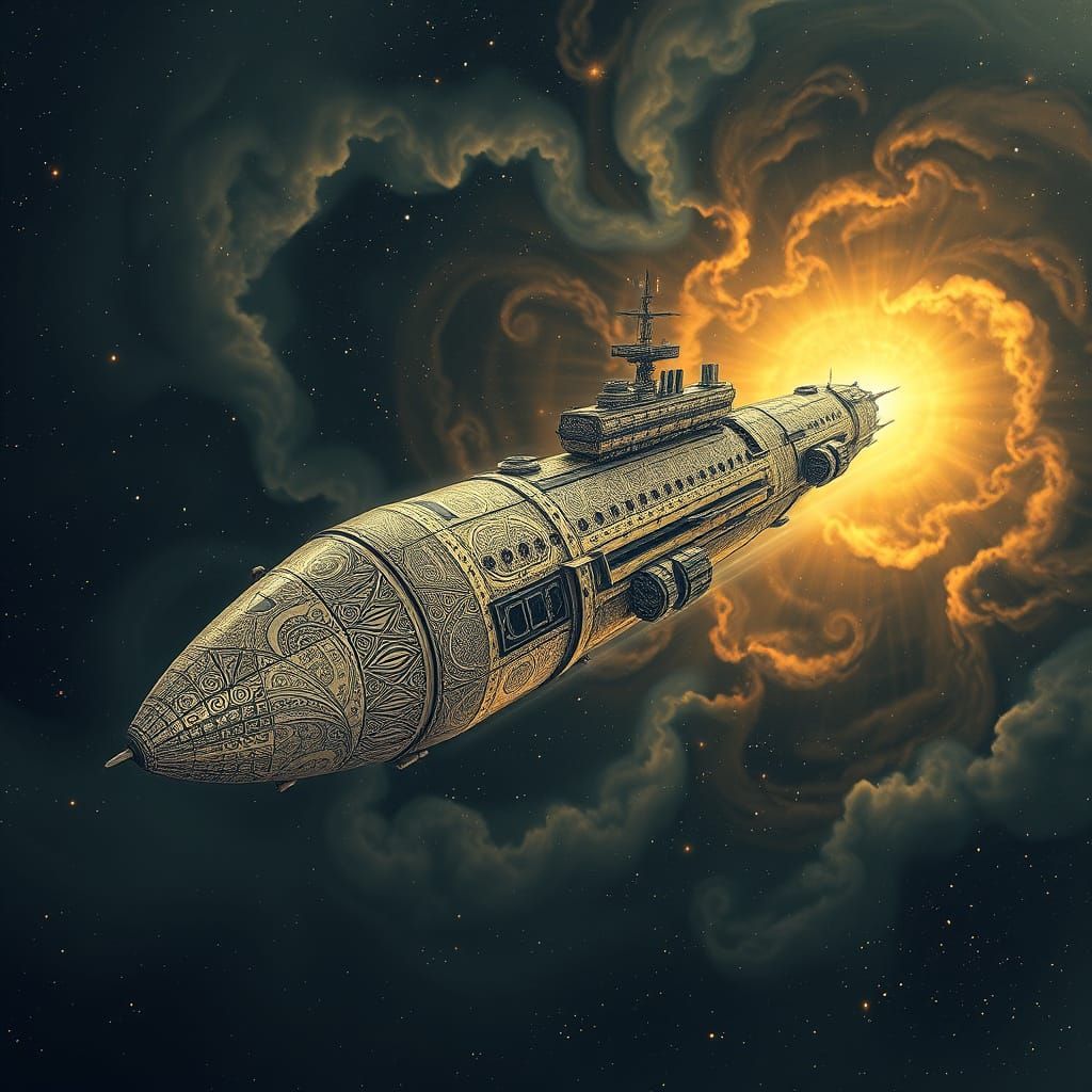 Ancient Spaceship Drifting Through Cosmic Nebula in Zentangl...