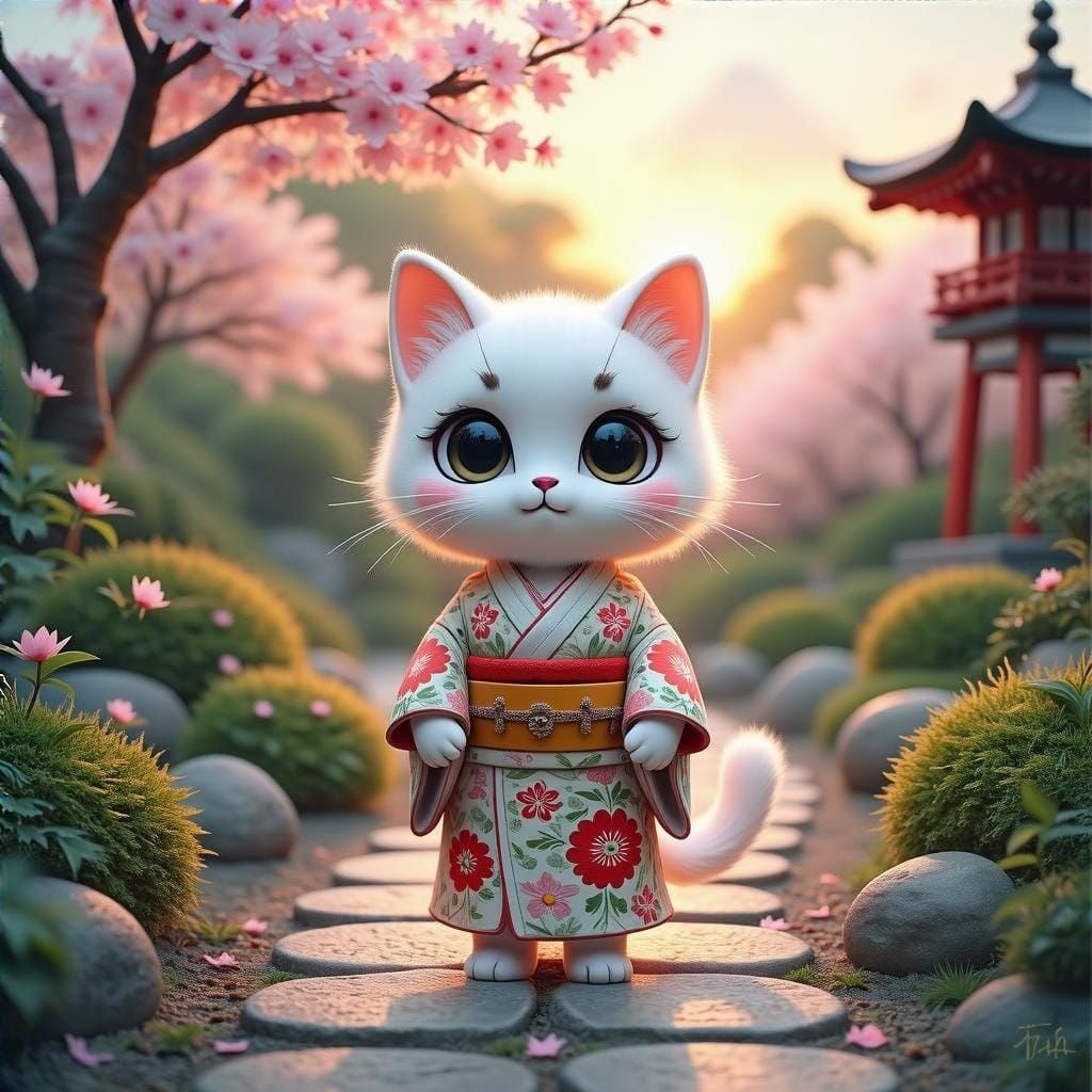 Japanese Garden Cat in Traditional Kimono