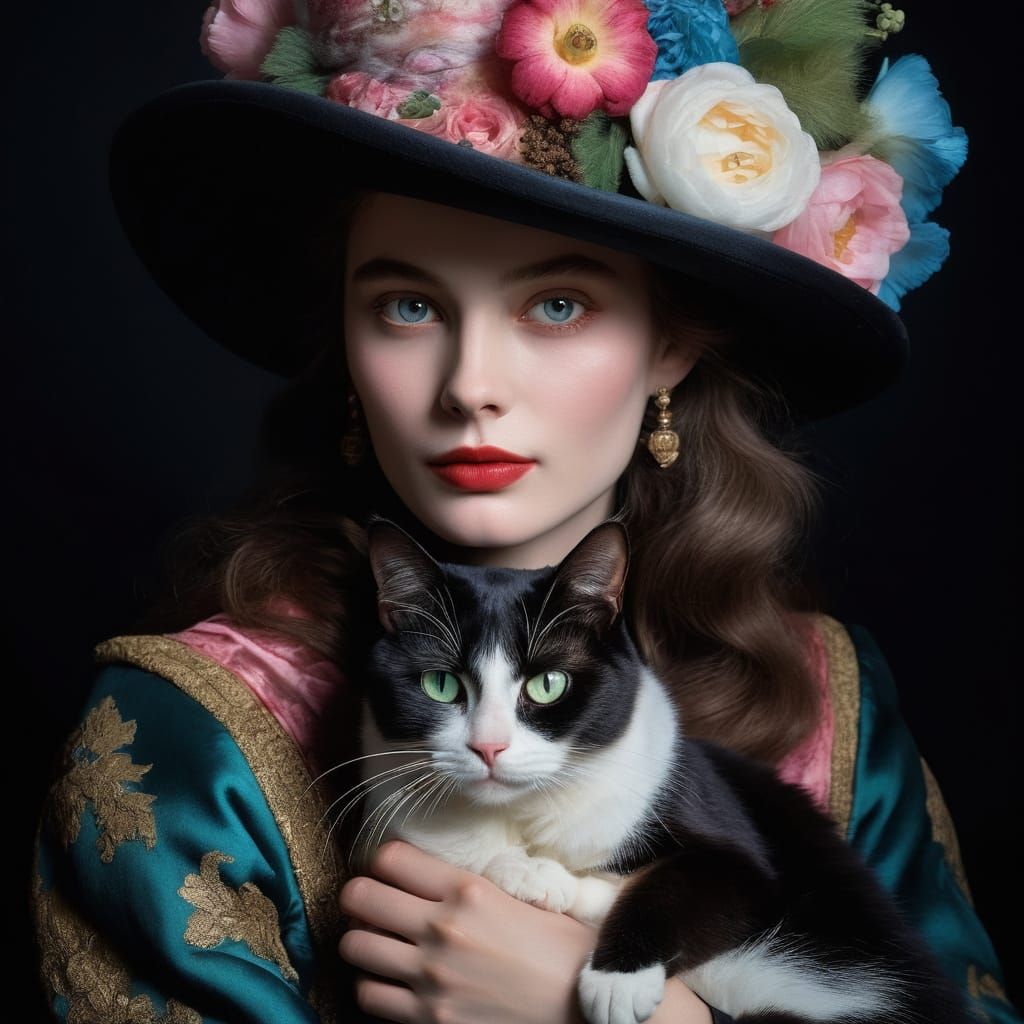 Baroque Beauty with Feline Companion