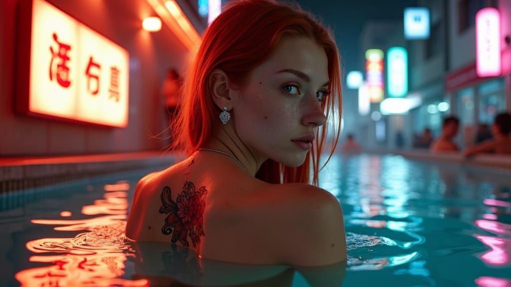 Cyberpunk Woman with Koi Tattoo in Neon Onsen