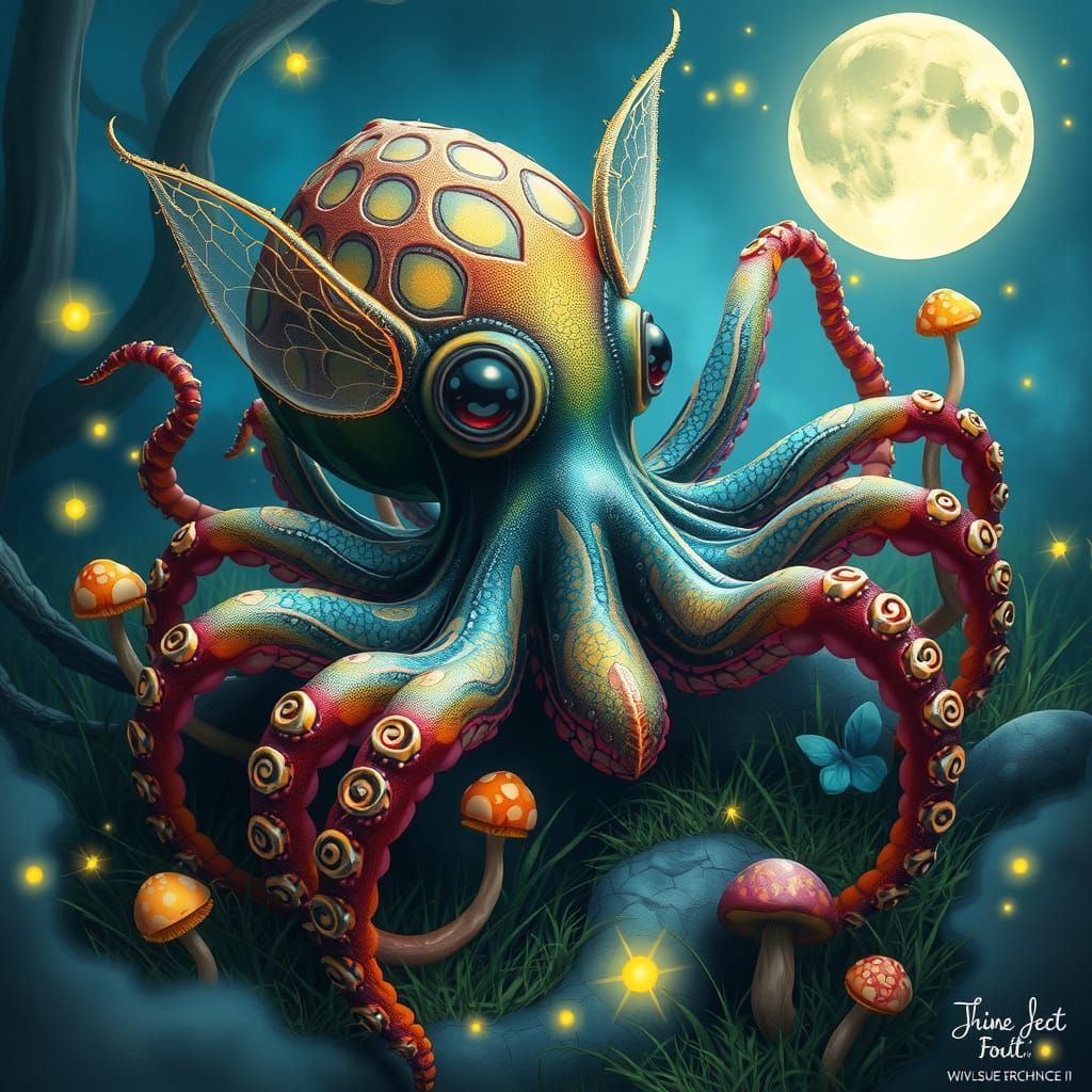 Whimsical Fae Hybrid Sits Amidst Glowing Mushroom Garden