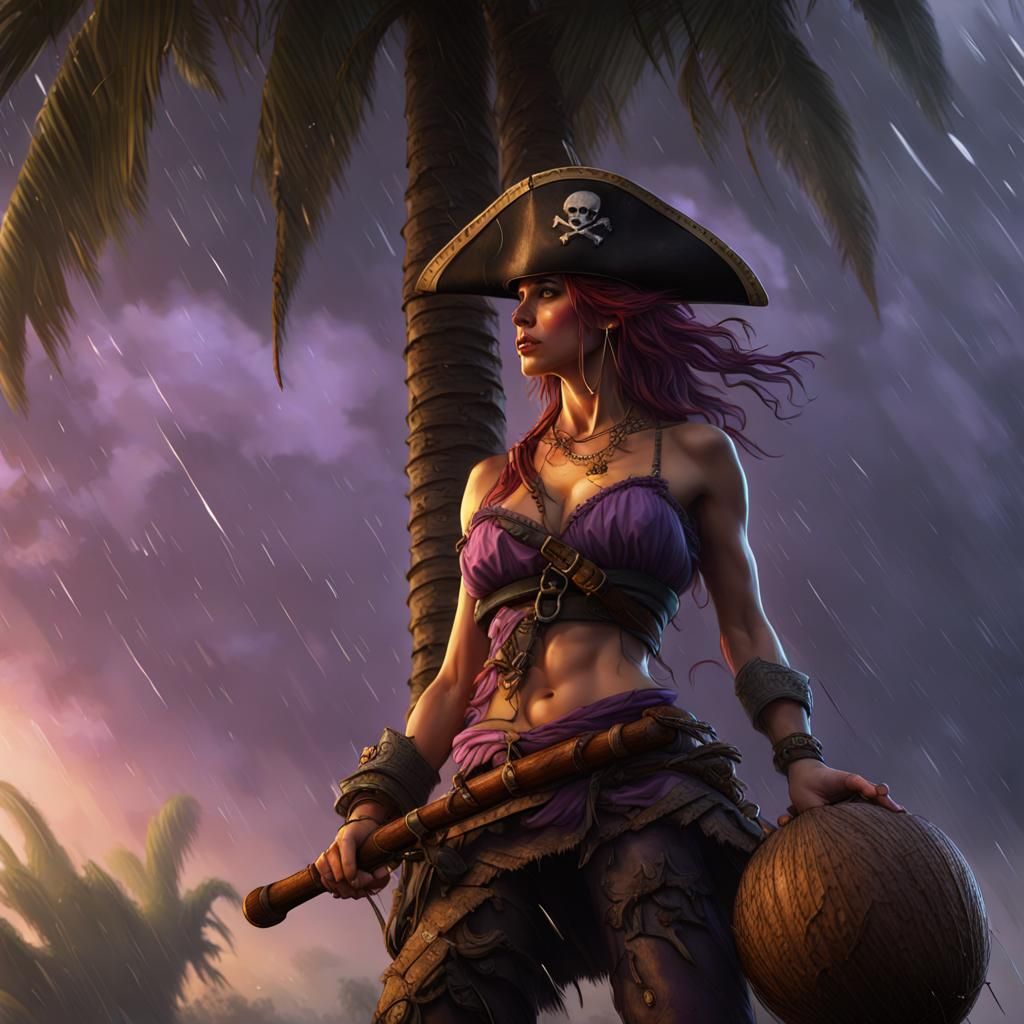 Pirate Cutting Coconut Tree in Dark Fantasy Style