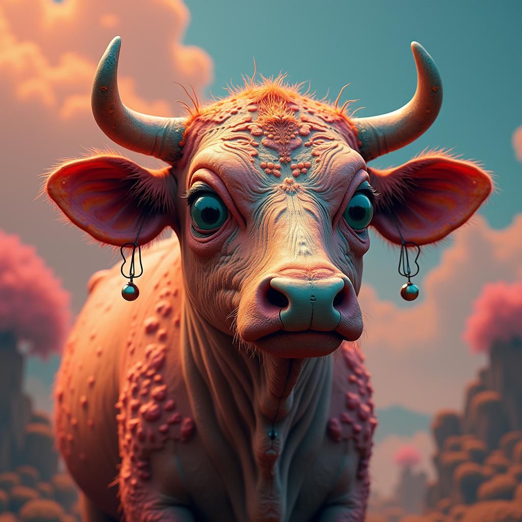 Surreal Cow with Eyeballs in Biomechanical Style