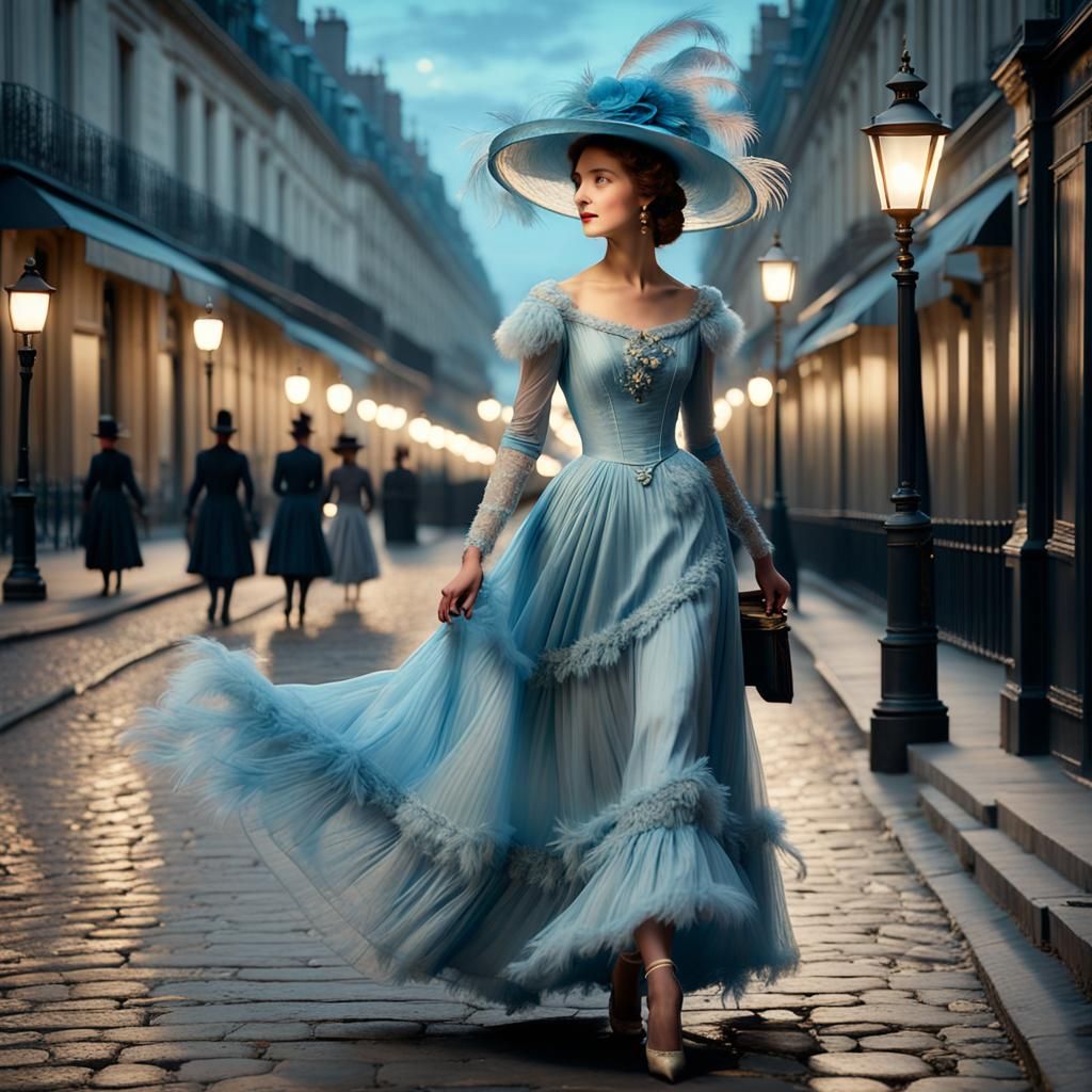 Elegant Woman in Blue Dress Strolling Paris Street