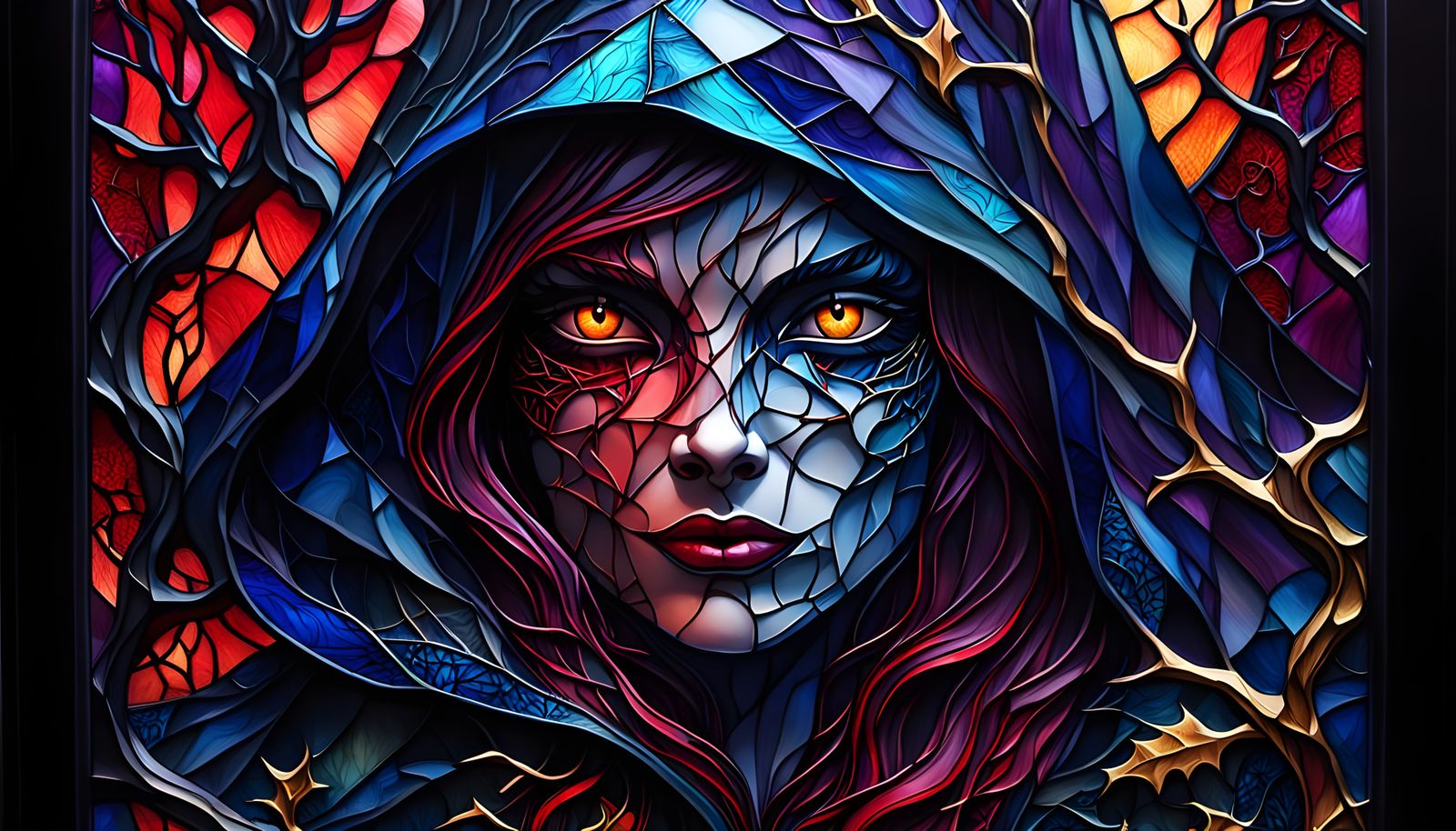 Dark Fantasy Stained Glass Panel in Sinister Red Riding Hood...