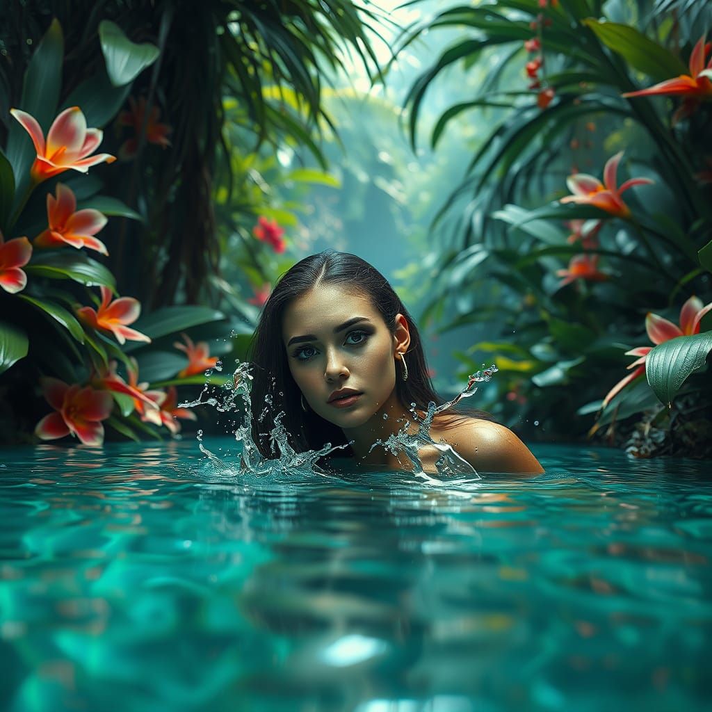 Vibrant Jungle Oasis in Hyper-Realistic Futuristic Style