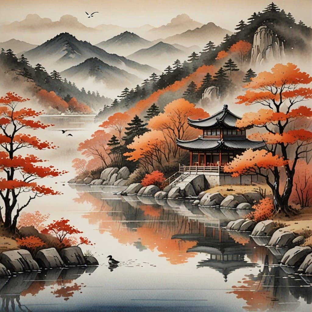 Traditional Korean Landscape in Fall, Ink Wash Painting