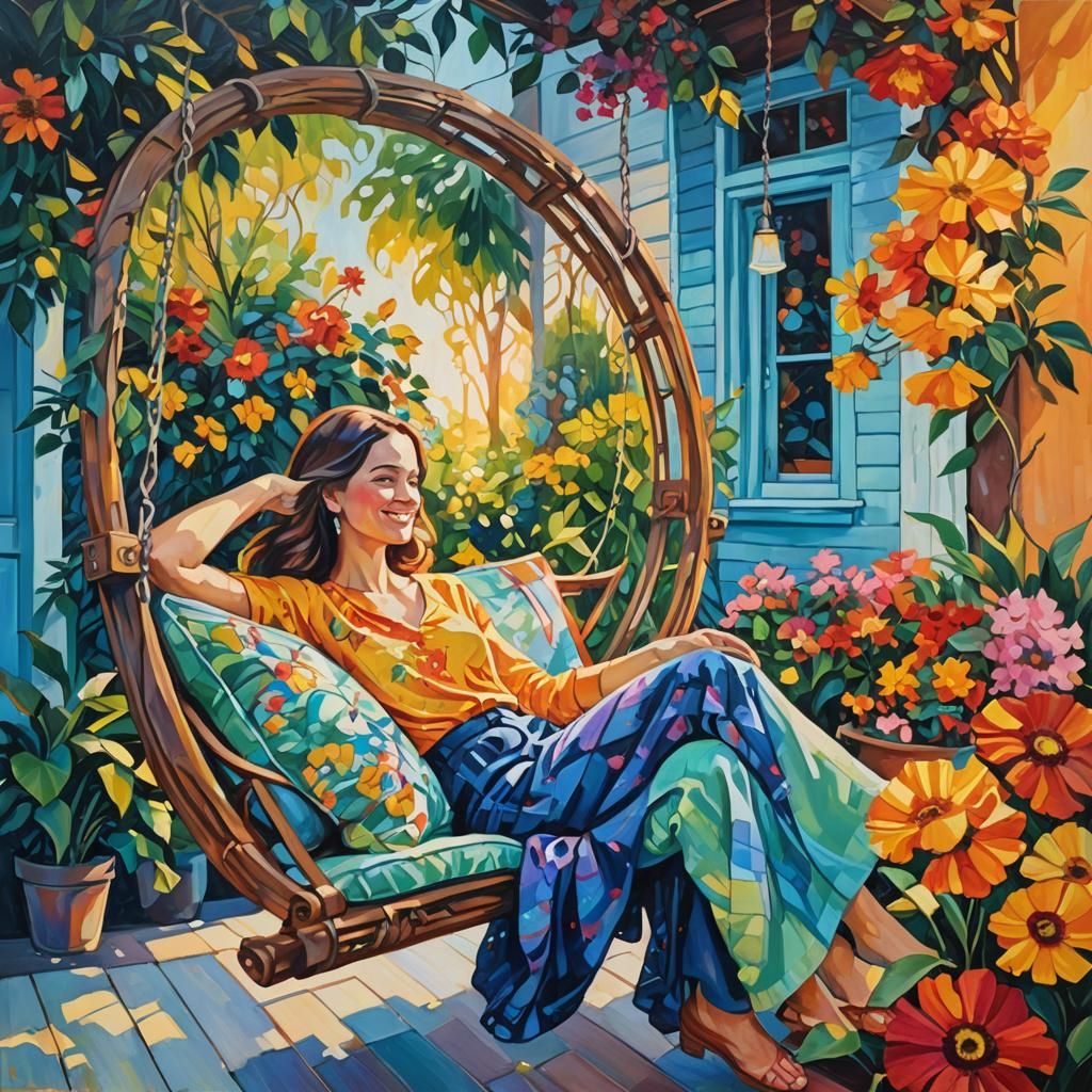 Woman on Porch Swing in Fauvist Oil Painting