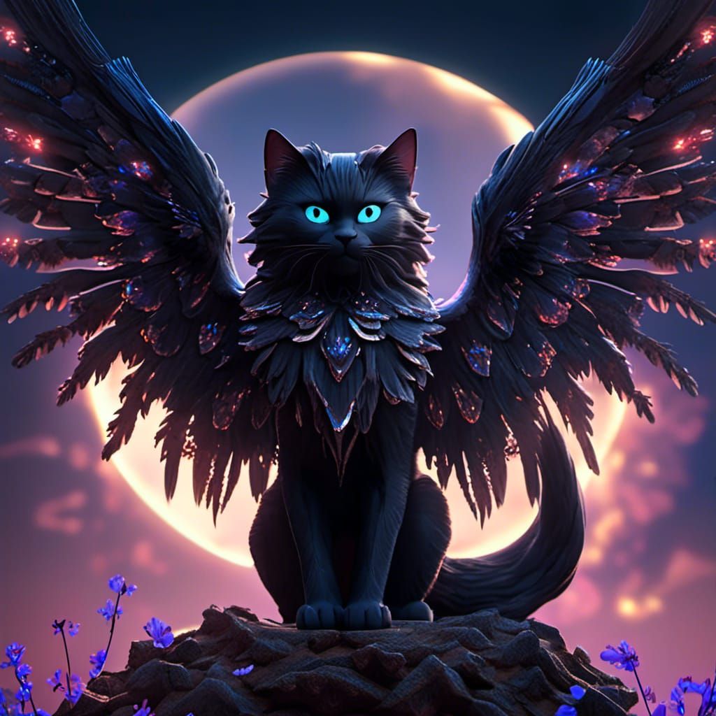 Winged Black Cat on Full Moon in 3D