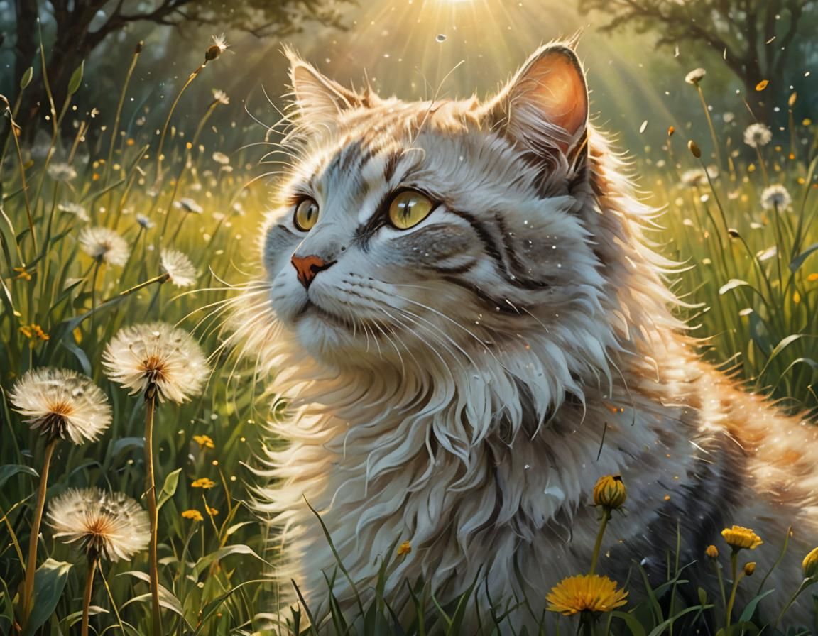 Cat and Dandelion in Ethereal Fantasy Meadow