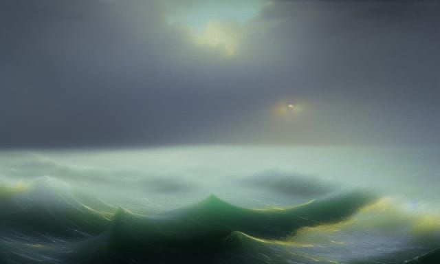 Misty Green Ocean Seascape in Watercolor Style