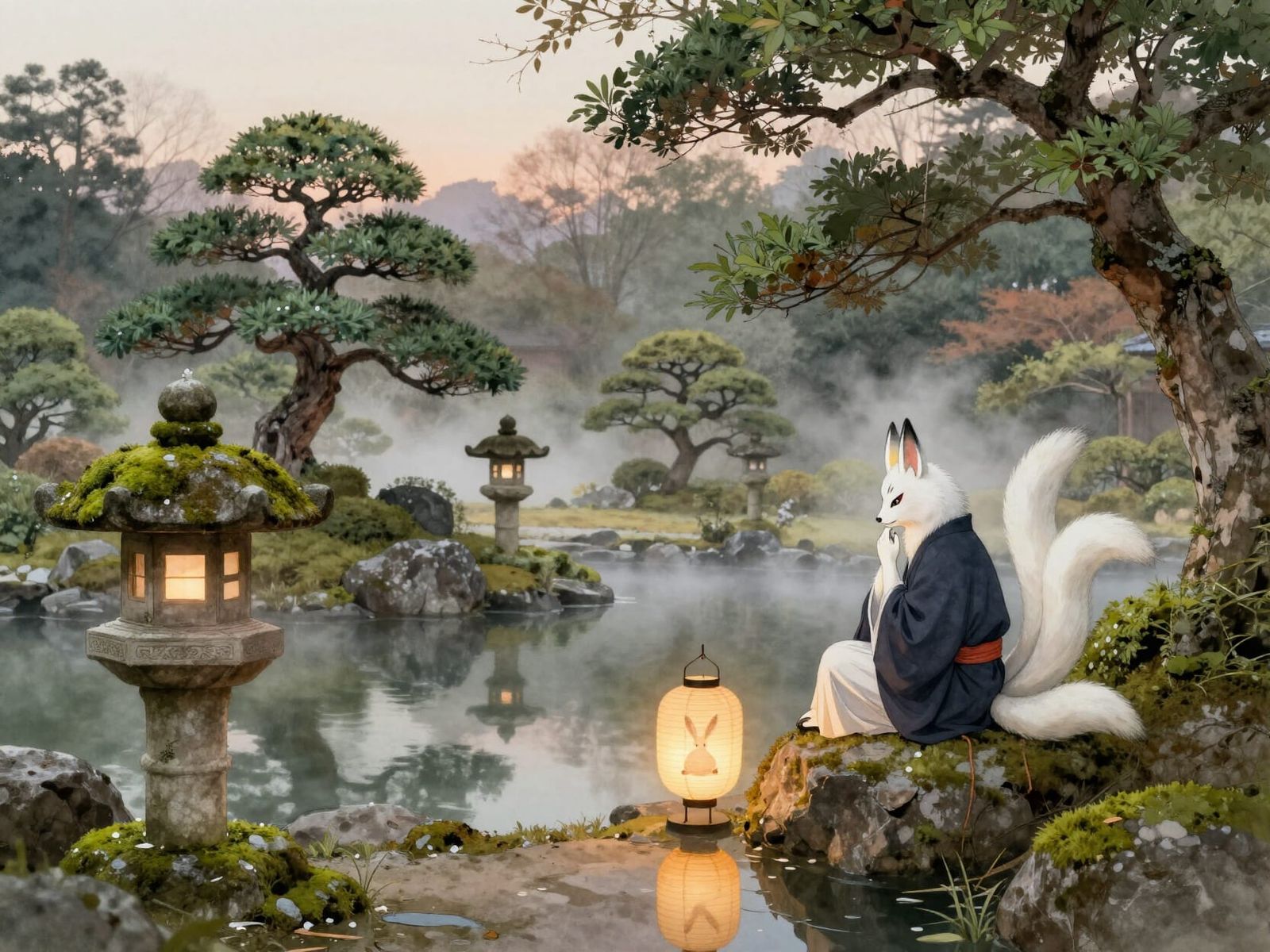 Contemplative Kitsune in Ancient Japanese Garden