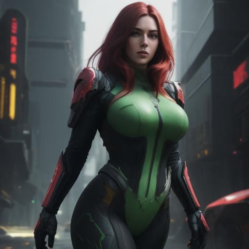 Soaring Superheroine in Cyberpunk 2099 Style