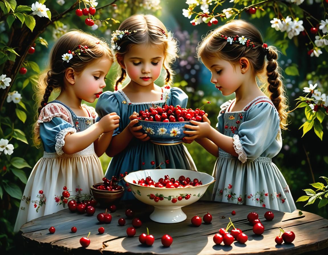 Cute Children Enjoy Cherries in a Garden Setting