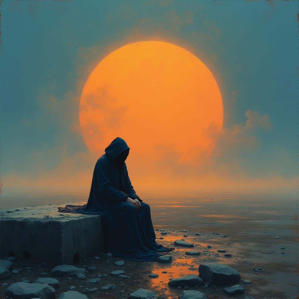 Mystic Figure Lost in Solar Flare Dusk