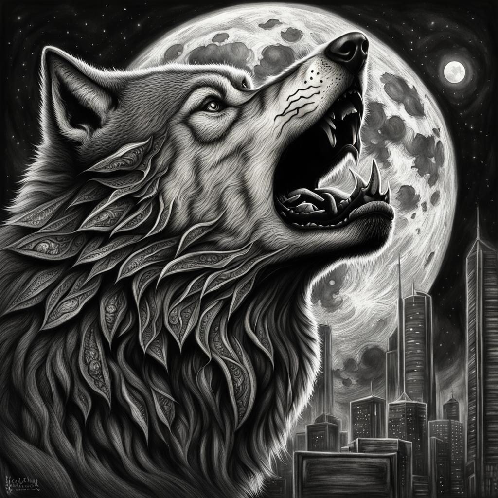 Cyberpunk Wolf Howling at Moon: Charcoal Drawing