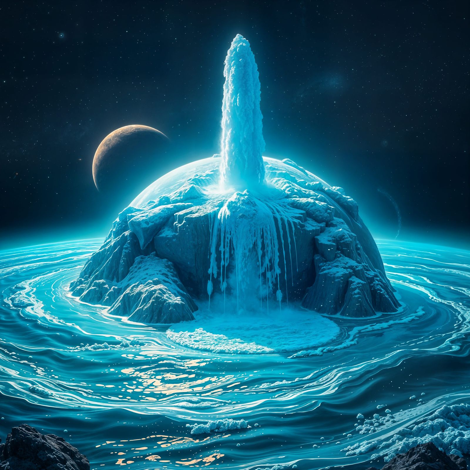 Majestic Water Planet with Colossal Fountain